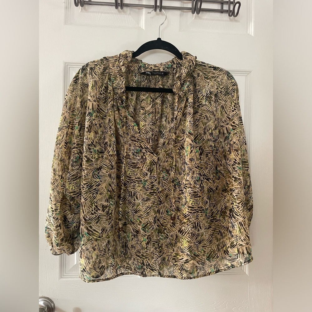 Zara Beige Lightweight Sheer Printed V-Neck Blouse with Black & Green Accents